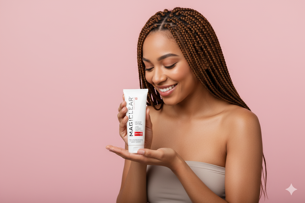 Smiling woman with braided hair holding a white tube of MAGICLEAR Fast Action Clarifying Body Lotion against a pink background.